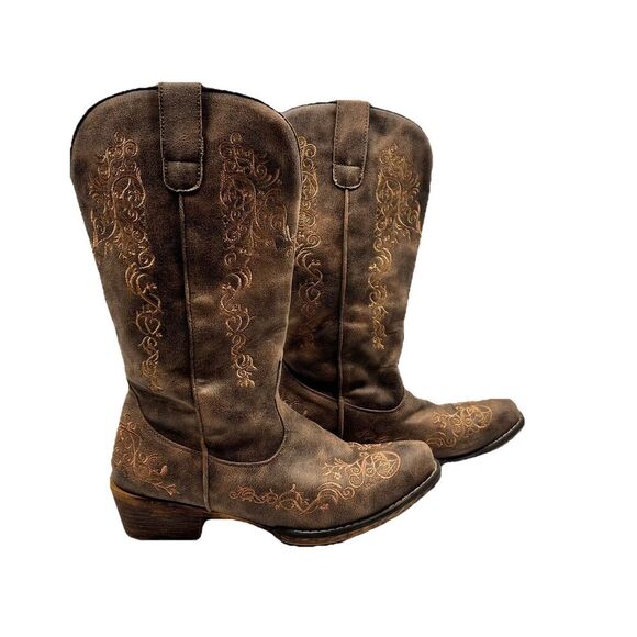 Roper Riley Scroll Embroidery Snip Toe Cowboy Womens Brown Casual Boots sz 8 - Picture 1 of 7
